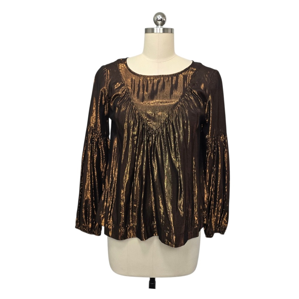 AMADI Metallic Bronze Ruched V Neck Bell Sleeve Blouse Top Womens XS Party
